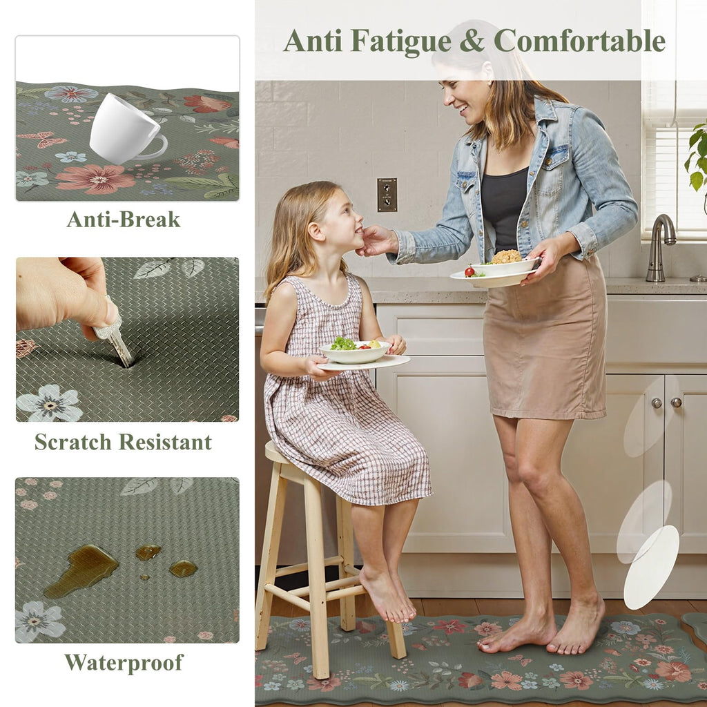 Collive Anti Fatigue Kitchen Mats, Scalloped Green Floral Kitchen Rugs Set of 2 Non Slip Waterproof Standing Mat, Memory Foam Comfort Desk Rug for Office, Sink, Laundry, 17.3"x29"+17.3"x47"