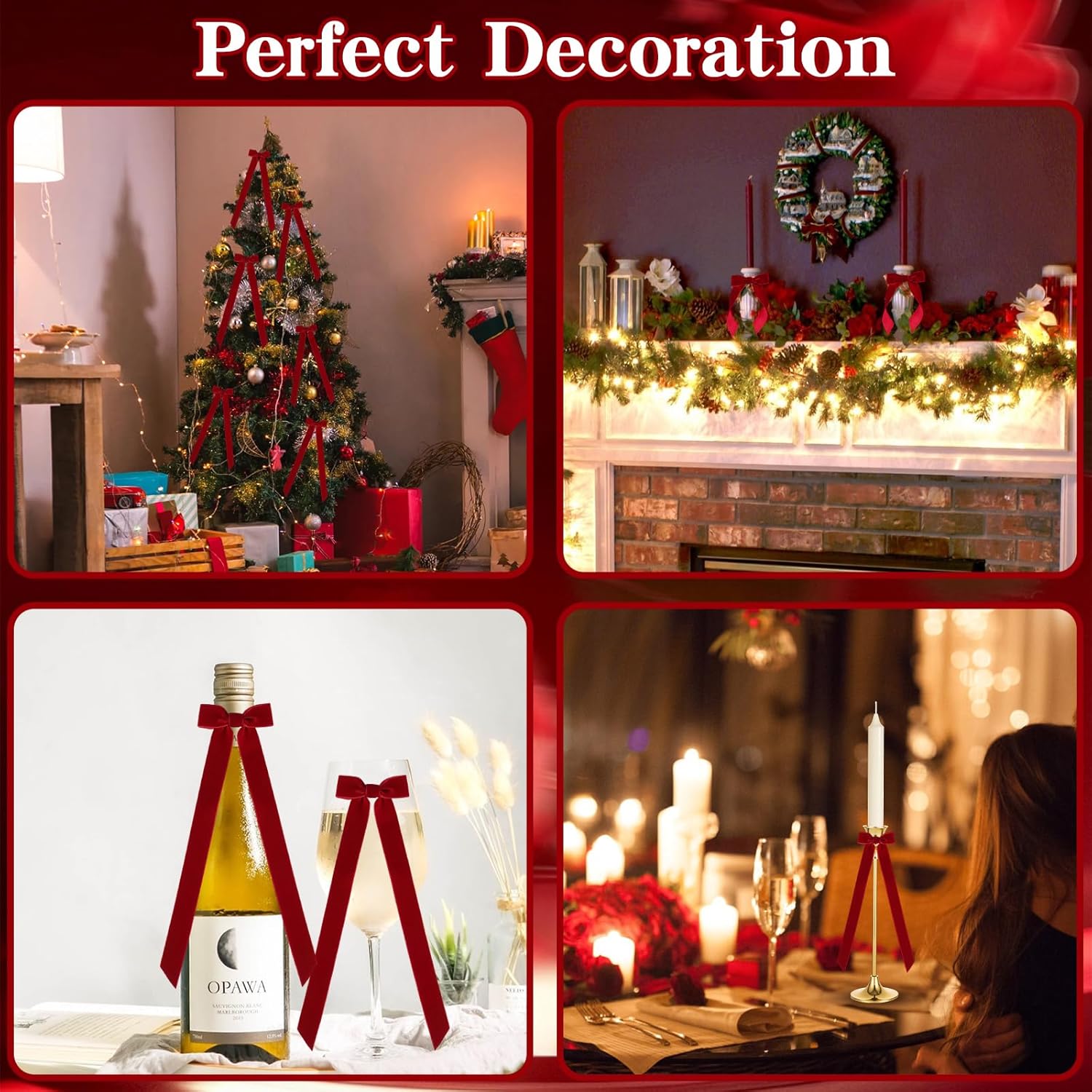 Regine Switzerland 12Pcs Red Christmas Candlestick Bows - 13 Inch Velvet Ribbon for Table Decor & Gift Wrapping