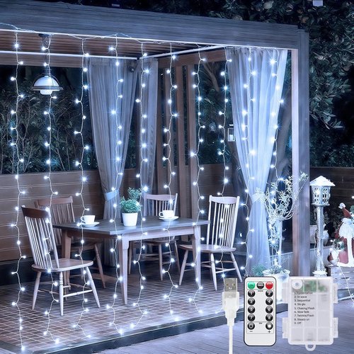 JMEXSUSS 200 LED Fairy Curtain Lights - Battery Operated & USB Plug In | Remote Control, 8 Modes, Waterproof for Wedding & Party Decor, White