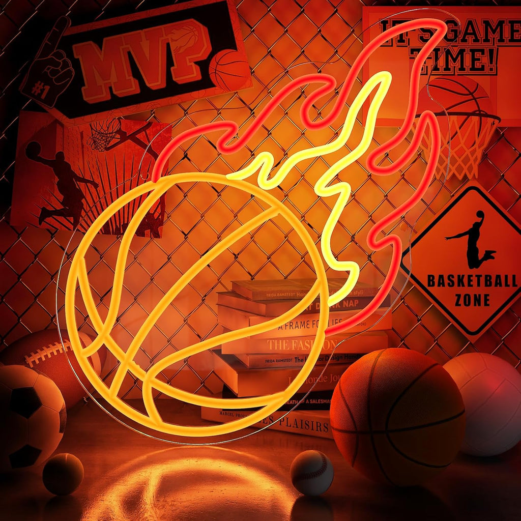 Skiennix Basketball Neon Sign - Dimmable LED Flame Light for Boys' Bedroom Decor | Orange & Red
