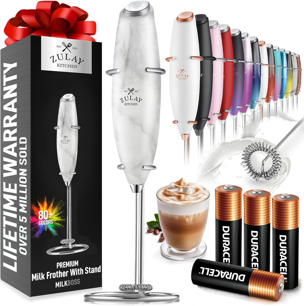 Zulay Kitchen Milk Frother Wand - Ultra Fast Handheld Drink Mixer with 4 AA Batteries - Marble Finish for Coffee, Lattes & More