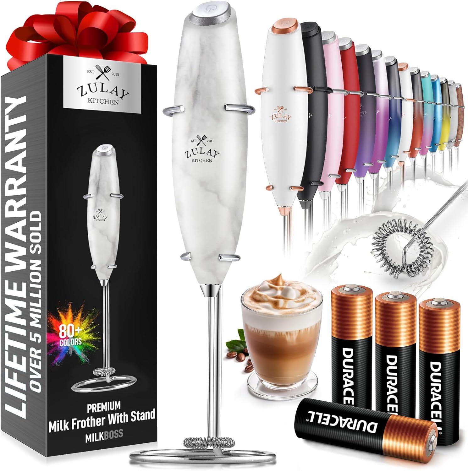 Zulay Kitchen Milk Frother Wand - Ultra Fast Handheld Drink Mixer with 4 AA Batteries - Marble Finish for Coffee, Lattes & More