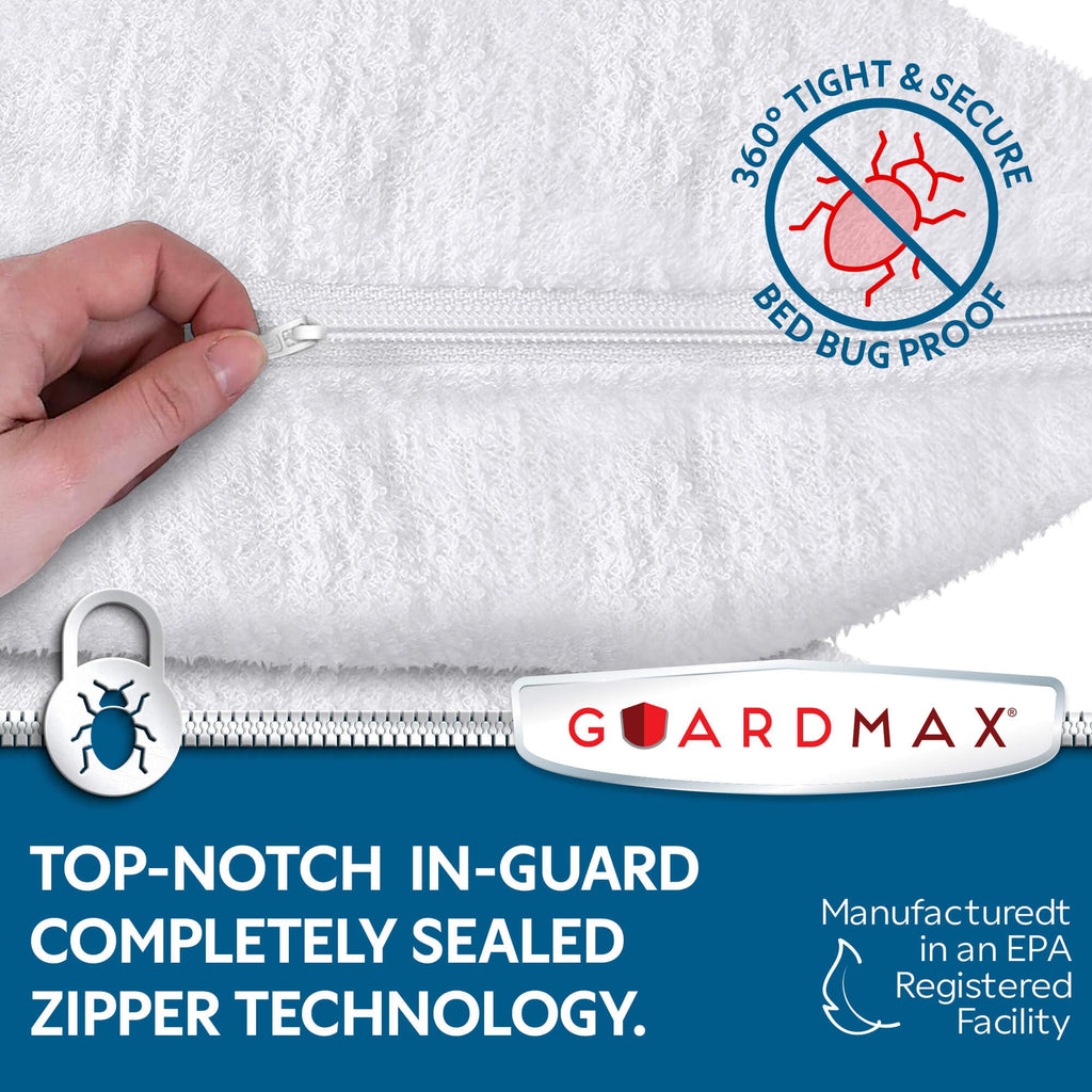 Guardmax Terry Cotton Pillow Protector with Zipper Standard Size - 2 Pack -100% Waterproof, Bed Bug Proof, Dust Mite Proof, & Hypoallergenic Pillow Covers - Premium Zippered Pillow Cases. (20 X 26)