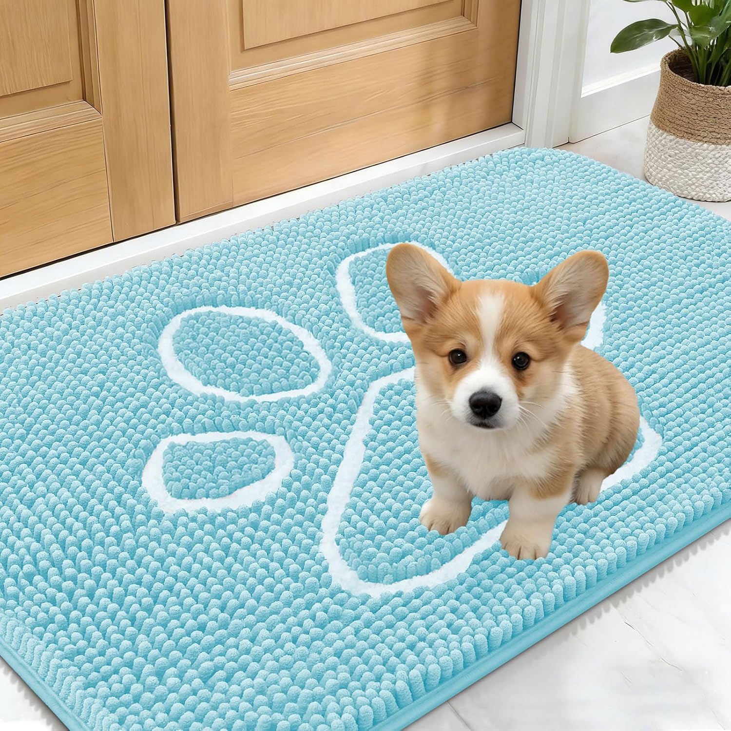 OLANLY Dog Door Mat - Absorbent Non-Slip Mud Mat for Muddy Paws | 24x16 Blue Chenille Design