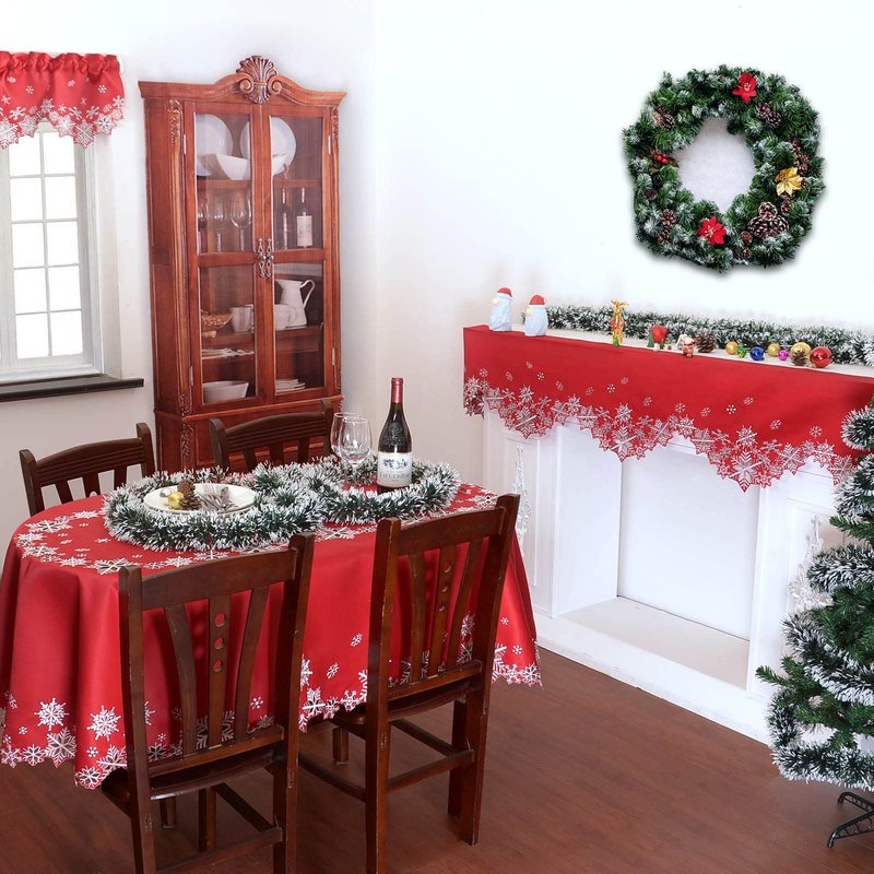 Simhomsen Embroidered Snowflakes Tablecloths for Christmas Holiday and Winter (Oval 57 × 102 inches, Red)