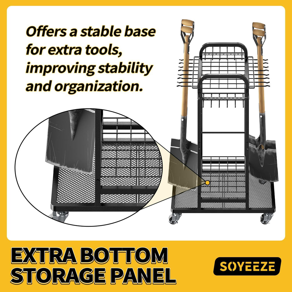 SOYEEZE Garden Tool Organizer - Heavy Duty 3-Tier Tool Rack with Lockable Wheels | Holds 35 Tools