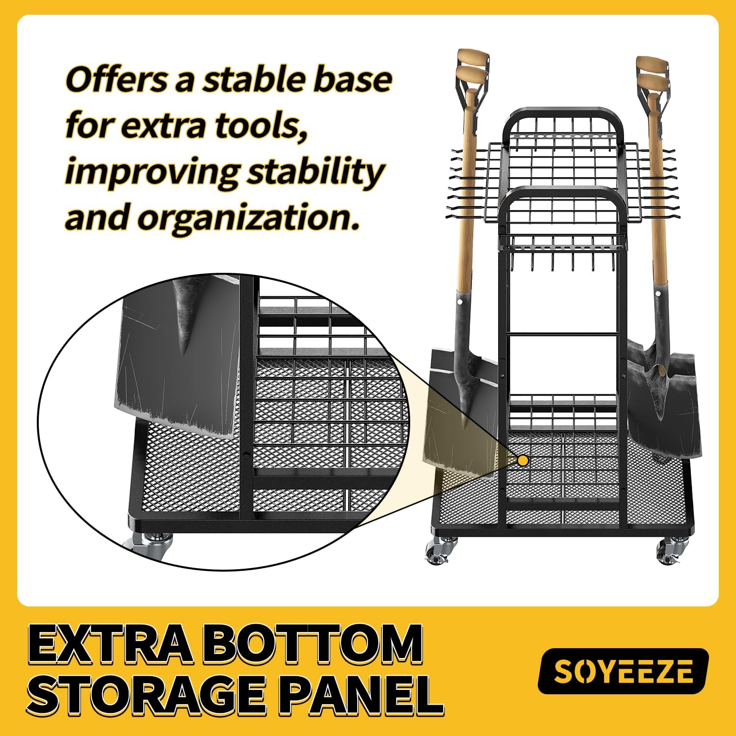 SOYEEZE Garden Tool Organizer - Heavy Duty 3-Tier Tool Rack with Lockable Wheels | Holds 35 Tools