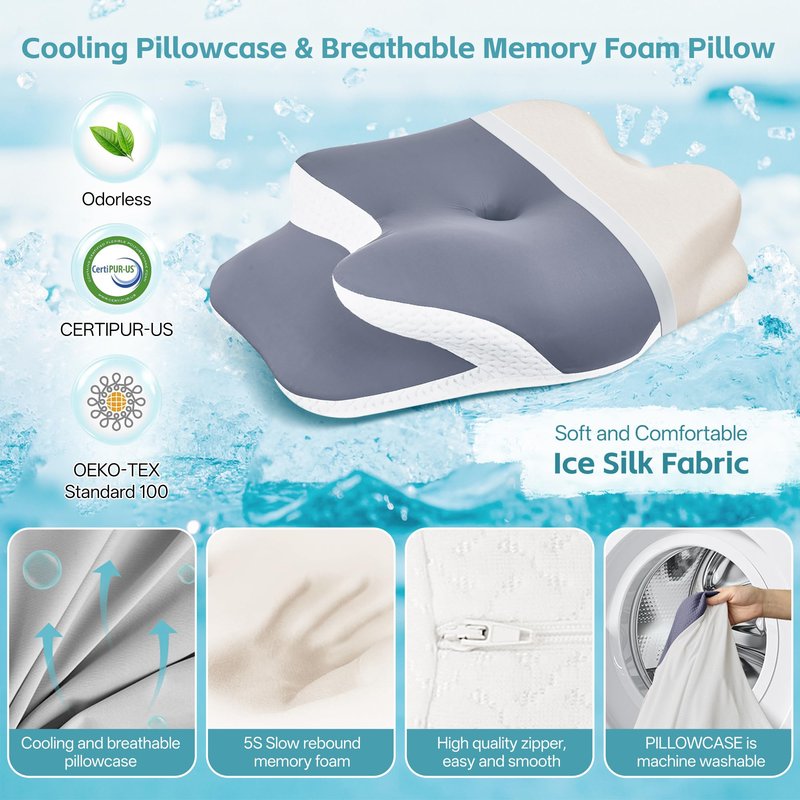 SHKJGS Cervical Neck Pillow for Neck Pain Relief & Support - Cooling Ergonomic Memory Foam Pillow with Dual-Height Contour & Ice Silk Cover for Side, Back, Stomach Sleepers,Grey
