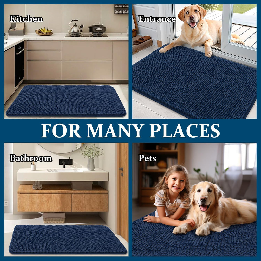 OLANLY Dog Door Mat - Absorbent Non-Slip Chenille for Muddy Paws | 40x24 Dark Blue Quick Dry Doormat