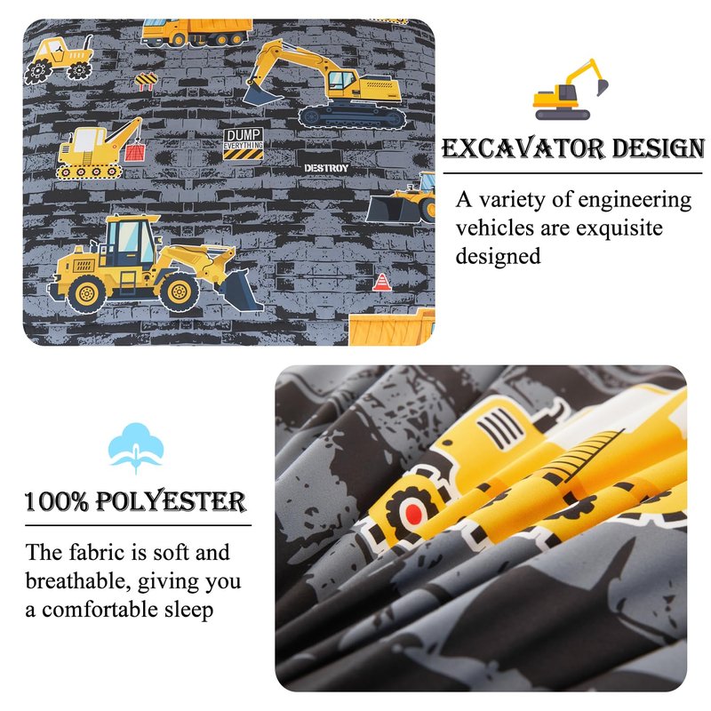 ZSYAYAHA 5 Pieces Kids Comforter Sets for Boys Queen Size Cartoon Cars Bedding Set Excavator Tractor Truck Vehicle Bed in A Bag Reversible Truck Boys Bed Set with Comforter(Gray Cars, Queen)