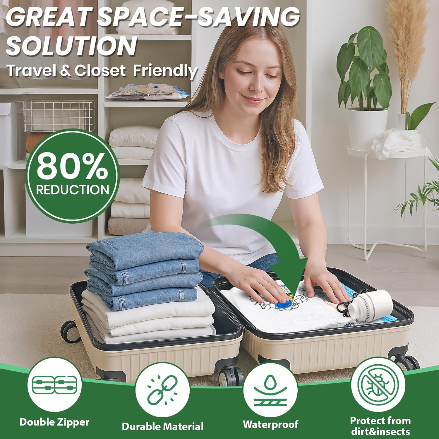 Skiennix Vacuum Storage Bags - 20-Pack with Electric Air Pump | Space-Saving for Clothes, Comforters & More - 4 Jumbo, 4 Large, 4 Medium, 4 Small, 4 Roll-Up