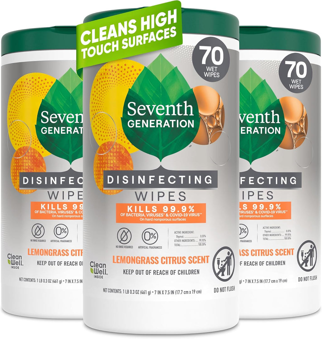 Seventh Generation Disinfecting Multi-Surface Wipes - Lemongrass Citrus, 70 Count, Pack of 3