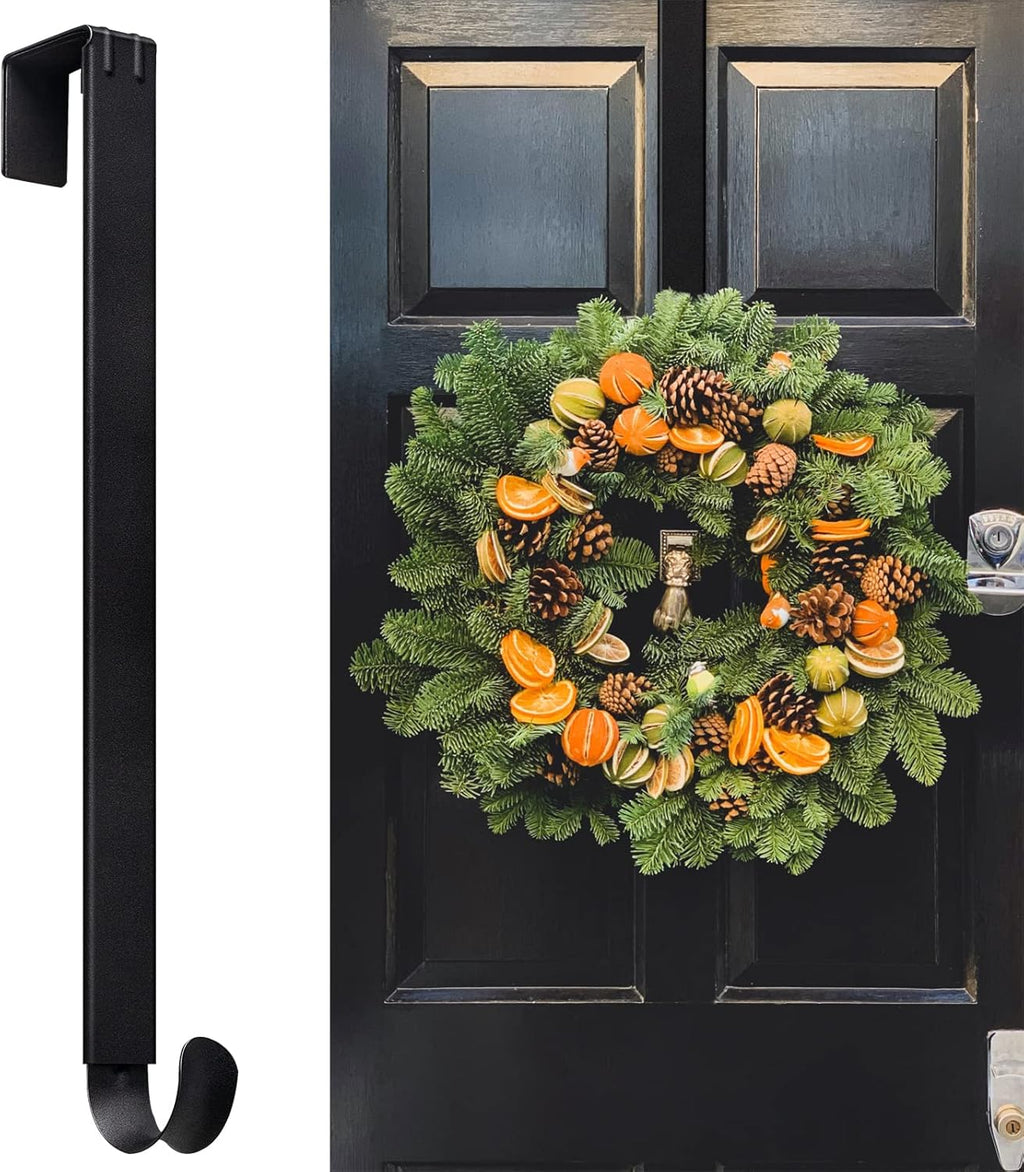 Myfolrena Wreath Hanger - Adjustable Front Door Hook Holds Up to 20lbs | Fits 15-24 Inch Wreaths (Black)