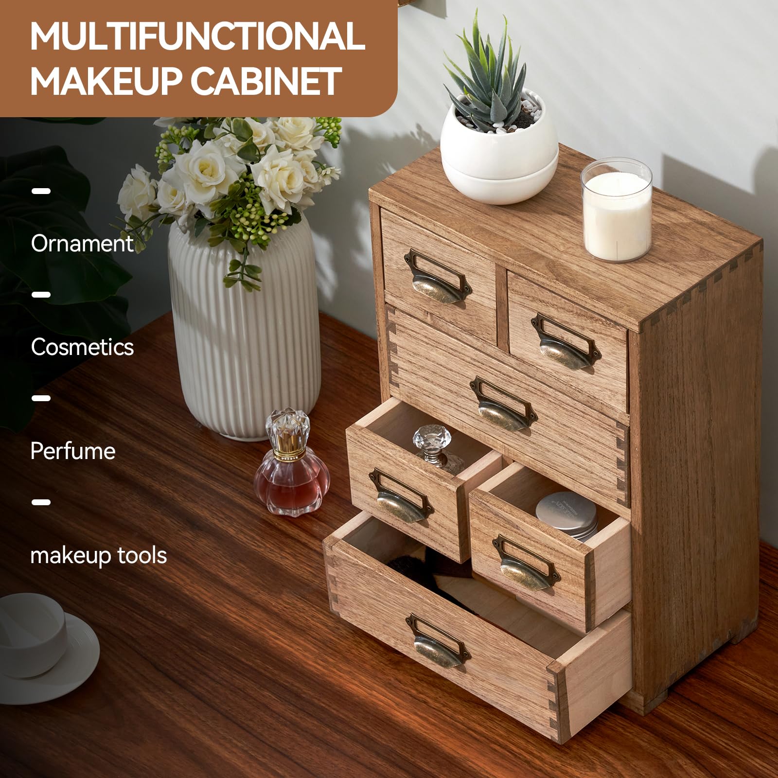 KIRIGEN Wooden Storage Cabinet Organizer Desktop Storage Drawers for Home Office Supplies Dark Brown(4D6CG-DBR)