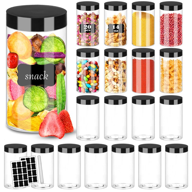 Hajoyful Plastic Jars with Lids 20Pcs 14 oz Clear Plastic Slime Storage Jars Containers with Airtight Leak Proof Black Plastic Screw On Lids Cylinder Clear Round Jar Food Grade Durable PET Jar