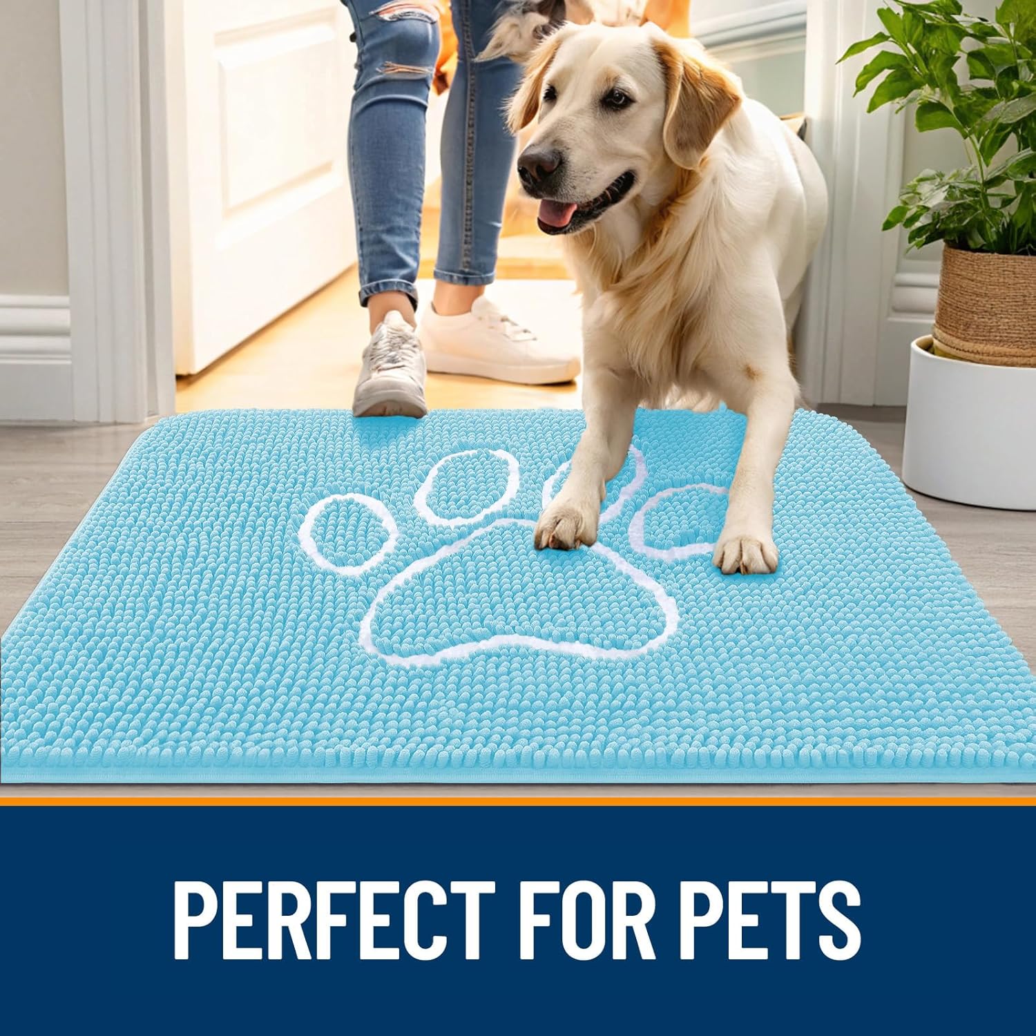OLANLY Dog Door Mat - Absorbent Non-Slip Mud Mat for Muddy Paws | 24x16 Blue Chenille Design