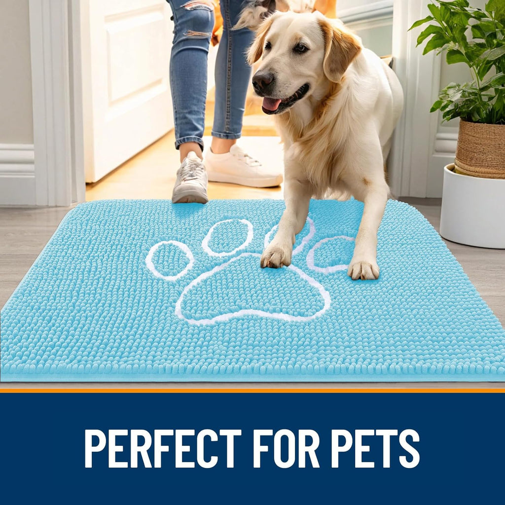 OLANLY Dog Door Mat - Absorbent Non-Slip Mud Mat for Muddy Paws | 59x35 Paw Print Design in Blue