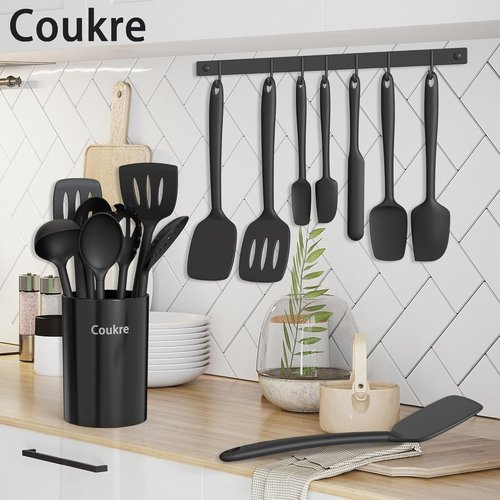 Coukre Silicone Kitchen Utensils Set - Heat-Resistant, Food-Grade Tools with Holder | 14-Piece Pure Black