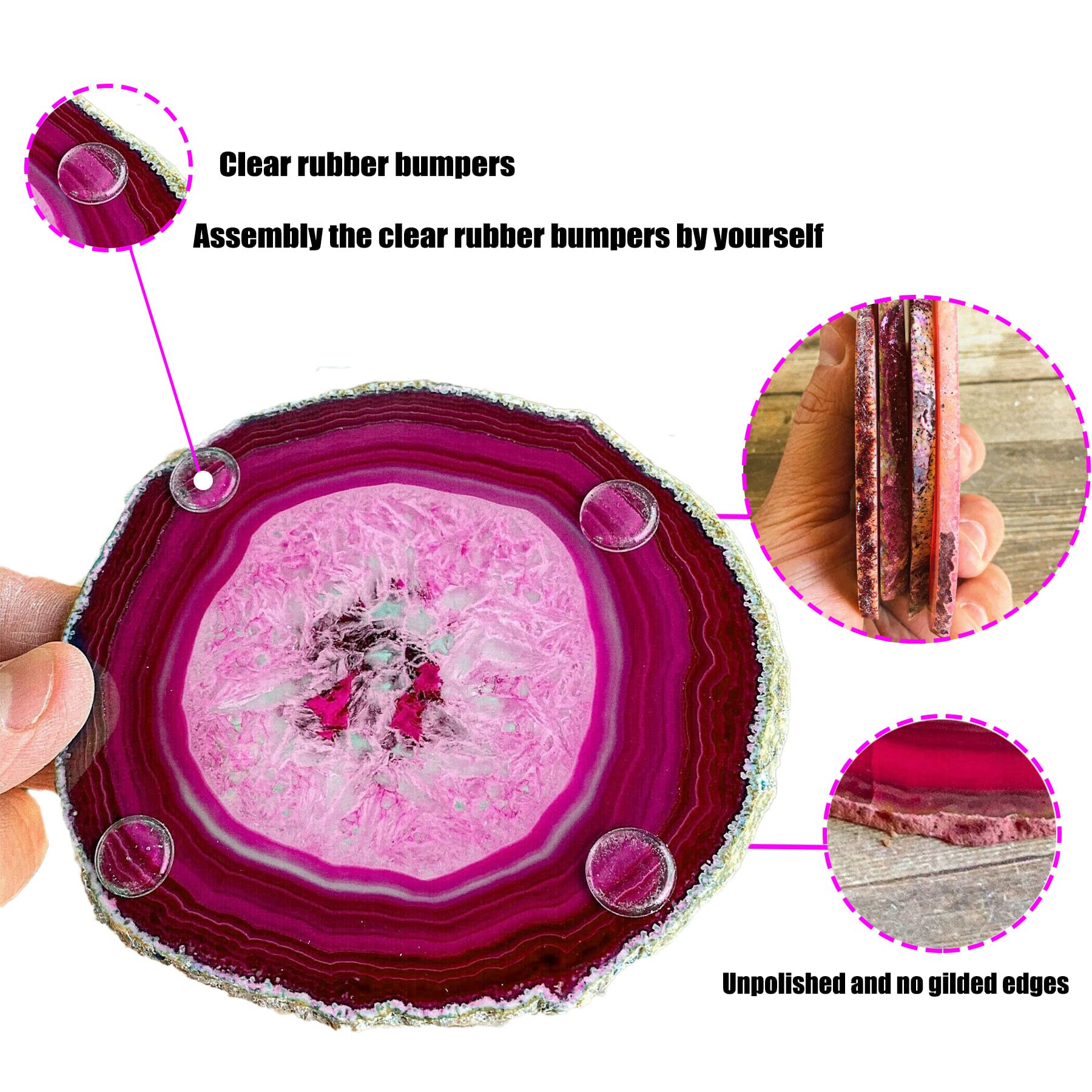 AMOYSTONE Pink Agate Slice Coasters Large 4-5 INCH, Set of 4 Natural Stone Cup Mat with Rubber Bumpers, Home Decor