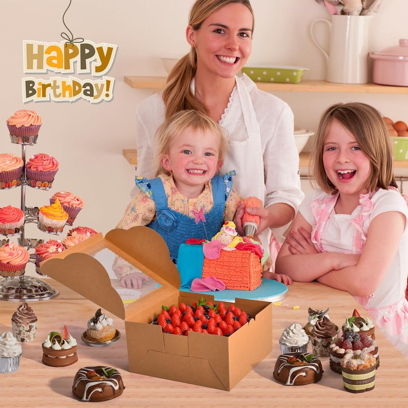DOYIDE 32Pcs 10 Inch Cake Boxes with Cake Boards (16Pcs Brown Cake Boxes, 16Pcs Cake Boards), 10x10x5 Inch Bakery Boxes with Window, Cake Carrier Container for Birthday Party, Wedding