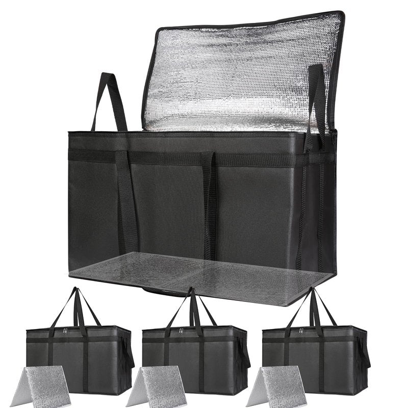 Bodaon 4-Pack Cooler Insulated Food Delivery Bag, Rideshare Delivery Bag, XXX-Large Thermal Bags for Catering/Hot Pizza, Travel/Camping/Picnic/Grocery Reusable Warmer Frozen, Black With Bottom