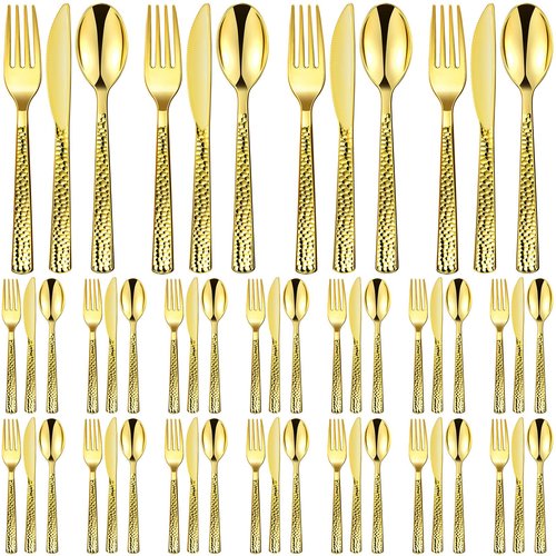 Zhehao 600 Pcs Plastic Gold Silverware Utensils Set Disposable Flatware Cutlery Bulk, Heavy Duty Utensils Include 200 Gold Forks 200 Plastic Spoon 200 Knives for Graduation Wedding Party