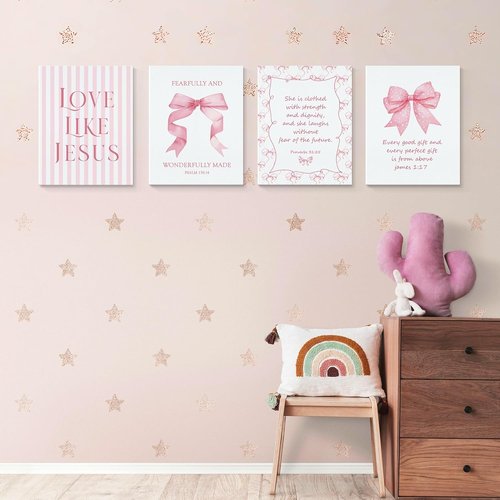 LARTSFRO Coquette Pink Bow Canvas Wall Art - Inspirational Bible Verses | Set of 4, 11x14 Inch for Teen Girls