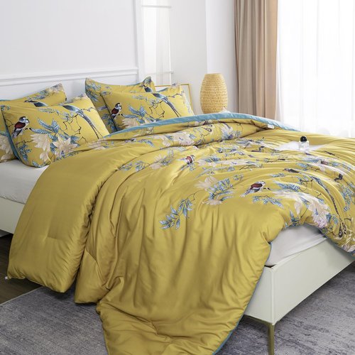 TISPLR King Comforter Set Flowers 3 Pieces Soft 3D Bedding Comforter Set Tree Branches Flowers Birds Print Botanical Comforter Set for All Seasons 1 Comforter and 2 Pillowcases (Birds, King)