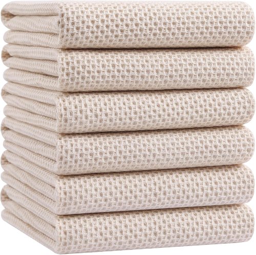 Homaxy 100% Cotton Waffle Weave Dish Towels - Ultra Soft & Absorbent | 20x28 Inches, 6-Pack, Beige