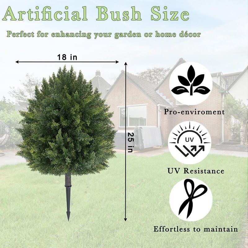 2 Pcs UV Resistant Artificial Cypress Topiaries, Bushes with Ground Spike,25 in Artificial Cedar Ball Trees，Fade-Proof Lifelike Greenery, Ideal for Indoor and Outdoor Use