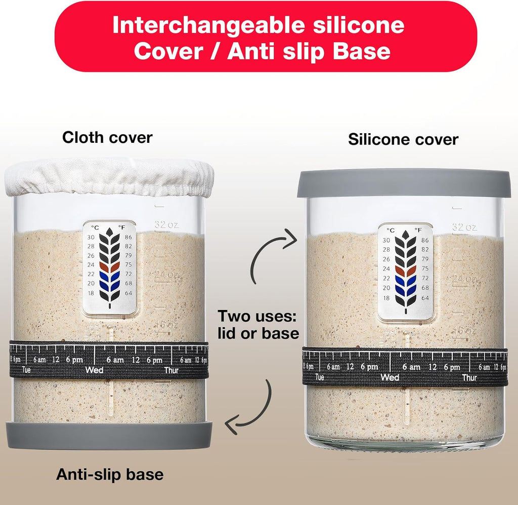 Premium Pro Sourdough Starter Jar Kit by [Brand Name] - 40oz Wide Mouth Glass Jar with Thermometer & Silicone Lid
