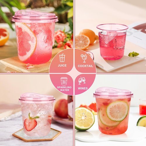 KesaPlan 50 Pack 12 oz Pink Plastic Party Cups with Sip Lids, Disposable Iced Coffee Cup with Lid, Round Bottom Stemless Glasses Drinking Cups for Valentine's Galentine's Bachelorette Party Holiday