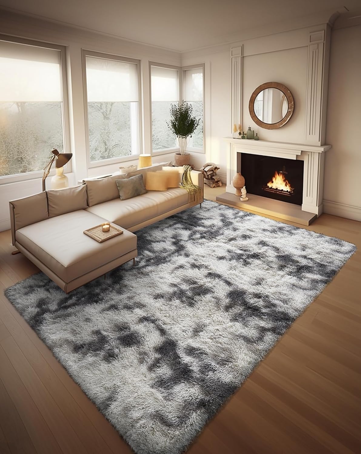 Ophanie Area Rug - Tie-Dyed Grey & White Shag Carpet | Soft 8x10 Living Room & Nursery Decor