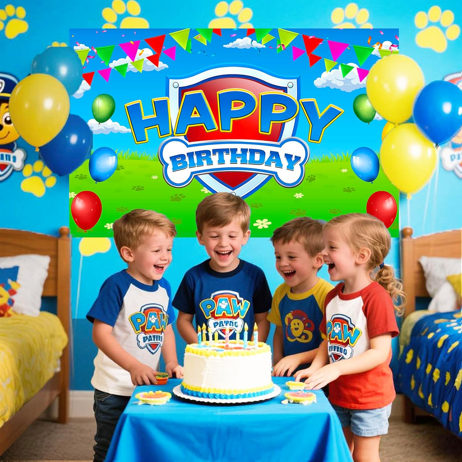 Paw Birthday Party Decorations - 70in X 43in Blue Dog Photo Backdrop for Kids' Room & Baby Showers
