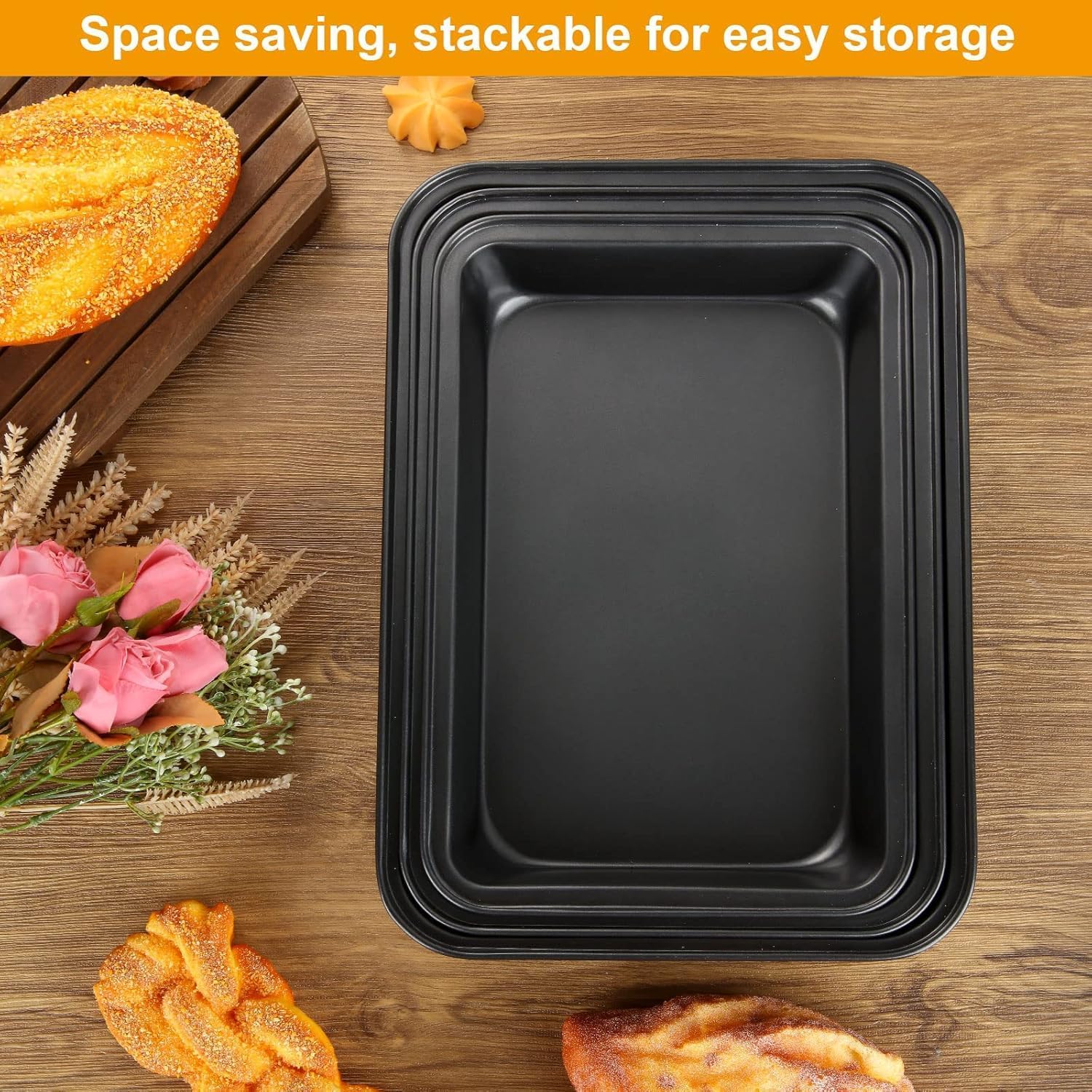 Skiennix Non-Stick Baking Sheets Set of 4 - Durable Carbon Steel Cookie Trays | Dishwasher Safe, Black