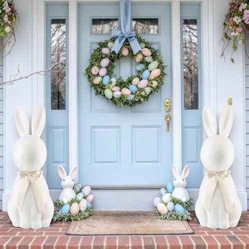 Lineshading White Easter Bunny Decoration - 25" Flocked Standing Bunny Figurine for Porch & Lawn