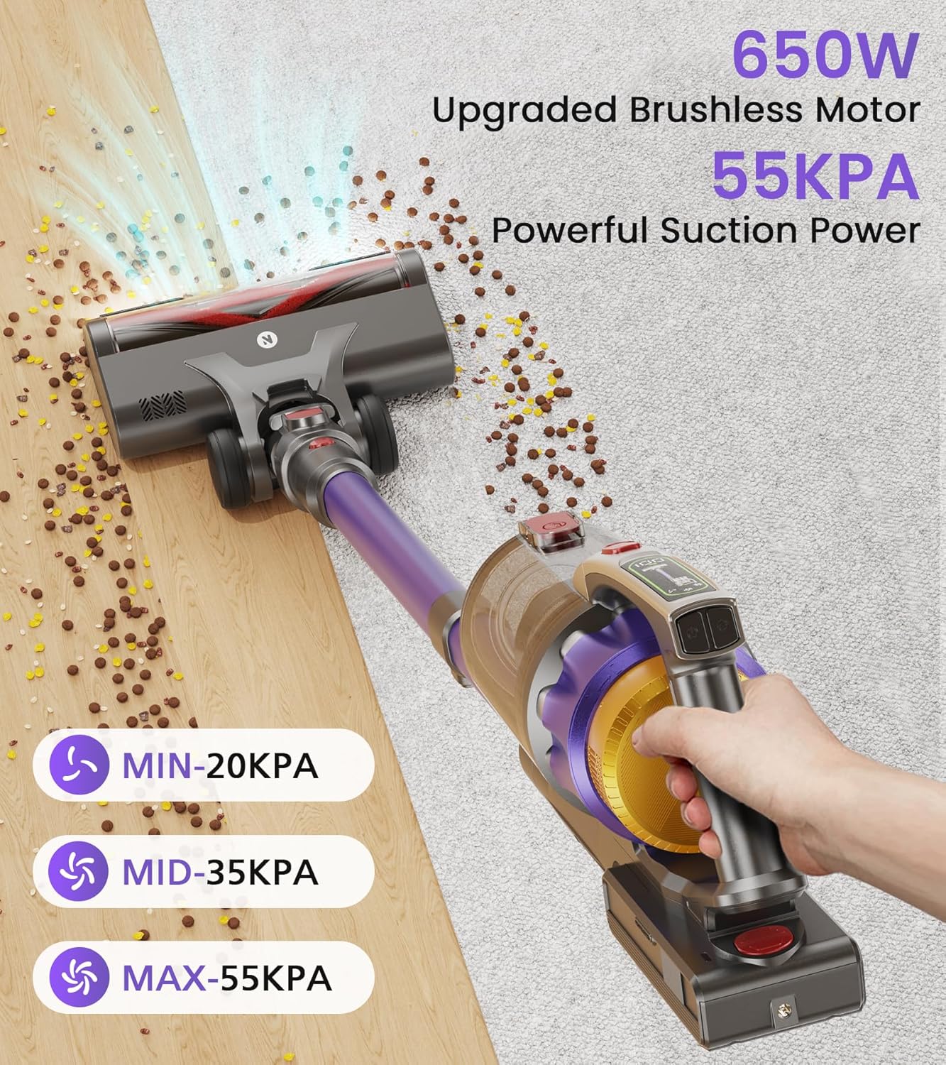 NADALY Cordless Vacuum Cleaner - 600W 50KPA, 65 Minutes Runtime, Anti-Tangle, Lightweight Design for Hardwood & Carpet