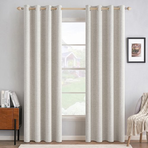 MIULEE 100% Blackout Linen Textured Curtains - Solid Thermal Insulated Cream White | Room Darkening Drapes 52 x 108 Inch (2 Panels)