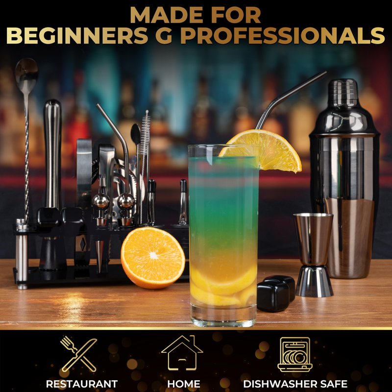 Mixology Bartender Kit – 24 Piece Gun Metal Cocktail Shaker Set w/Stand – Essential Home Bar Accessories Martini Shaker, Jigger, Muddler, Chilling Cubes & More