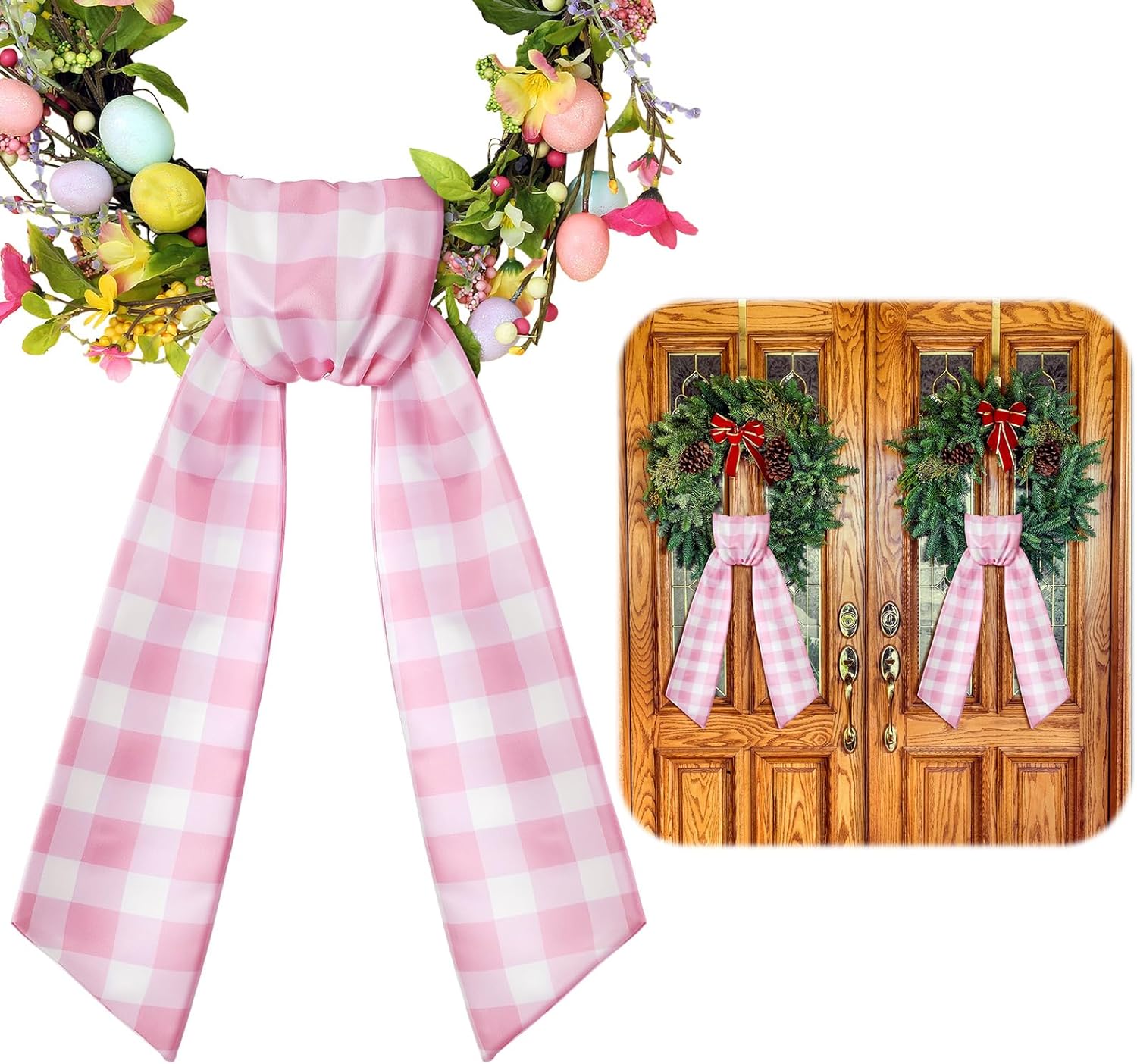 VitalCozy Wreath Sash Set - Chinoiserie Easter Spring Decor | 4.5" W x 56" L in Pink Grid