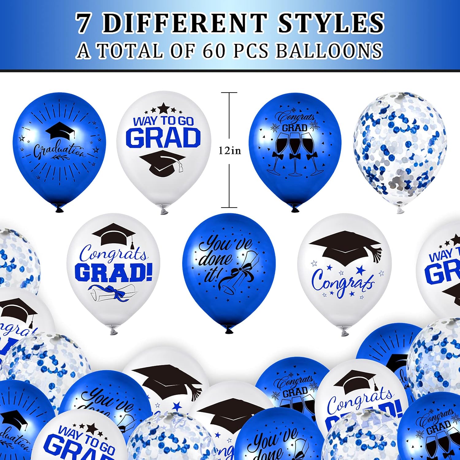 Whaline Graduation Party Balloon Set - 60 Pcs with Blue & White Confetti | 7 Unique Designs & Ribbons