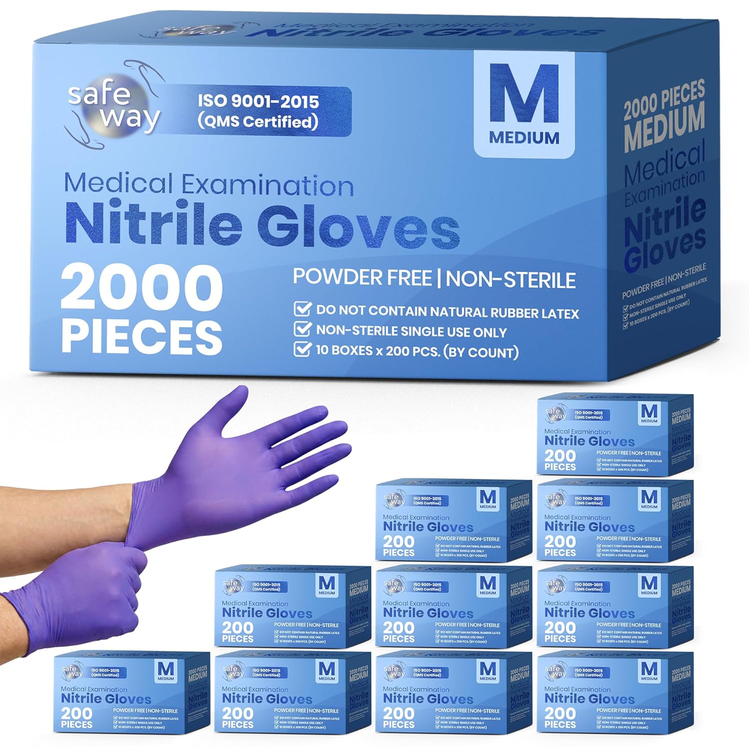 SAFETY USA Nitrile Disposable Gloves - 2000 Pcs, Medium, 4 Mil, Powder-Free & Non-Latex for Medical, Lab, and Kitchen Use