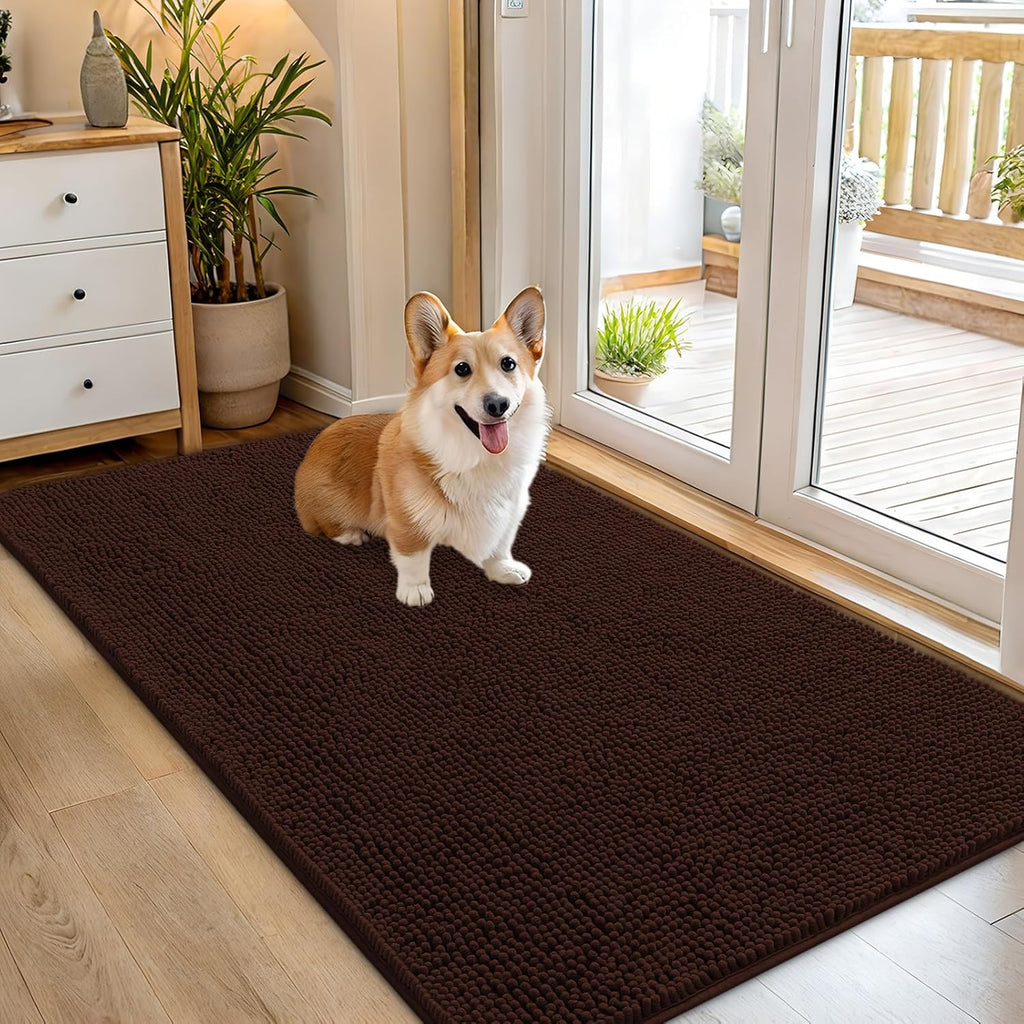 OLANLY Dog Door Mat - Absorbent Non-Slip Chenille for Muddy Paws | 54x32 Inches, Quick Dry, Brown