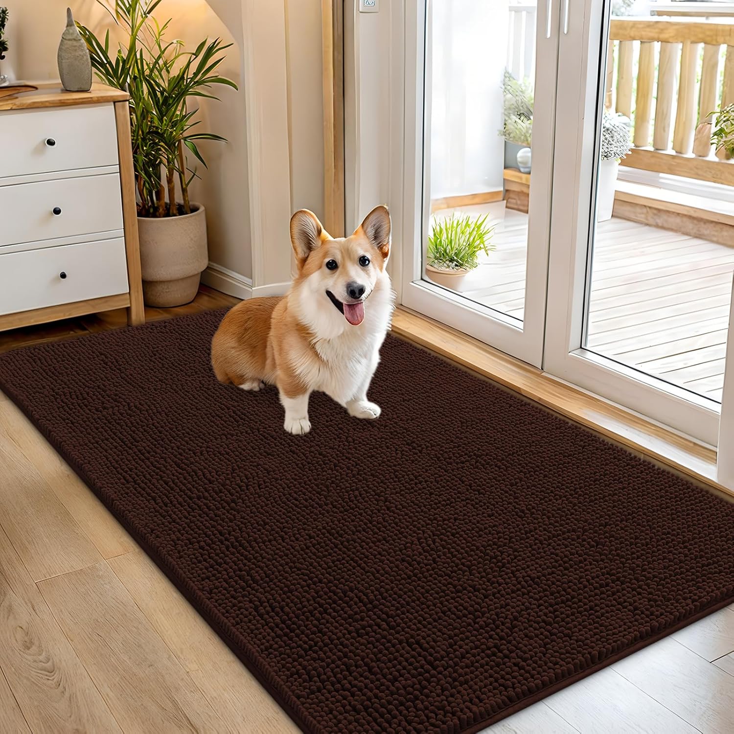 OLANLY Dog Door Mat - Absorbent Non-Slip Chenille for Muddy Paws | 54x32 Inches, Quick Dry, Brown