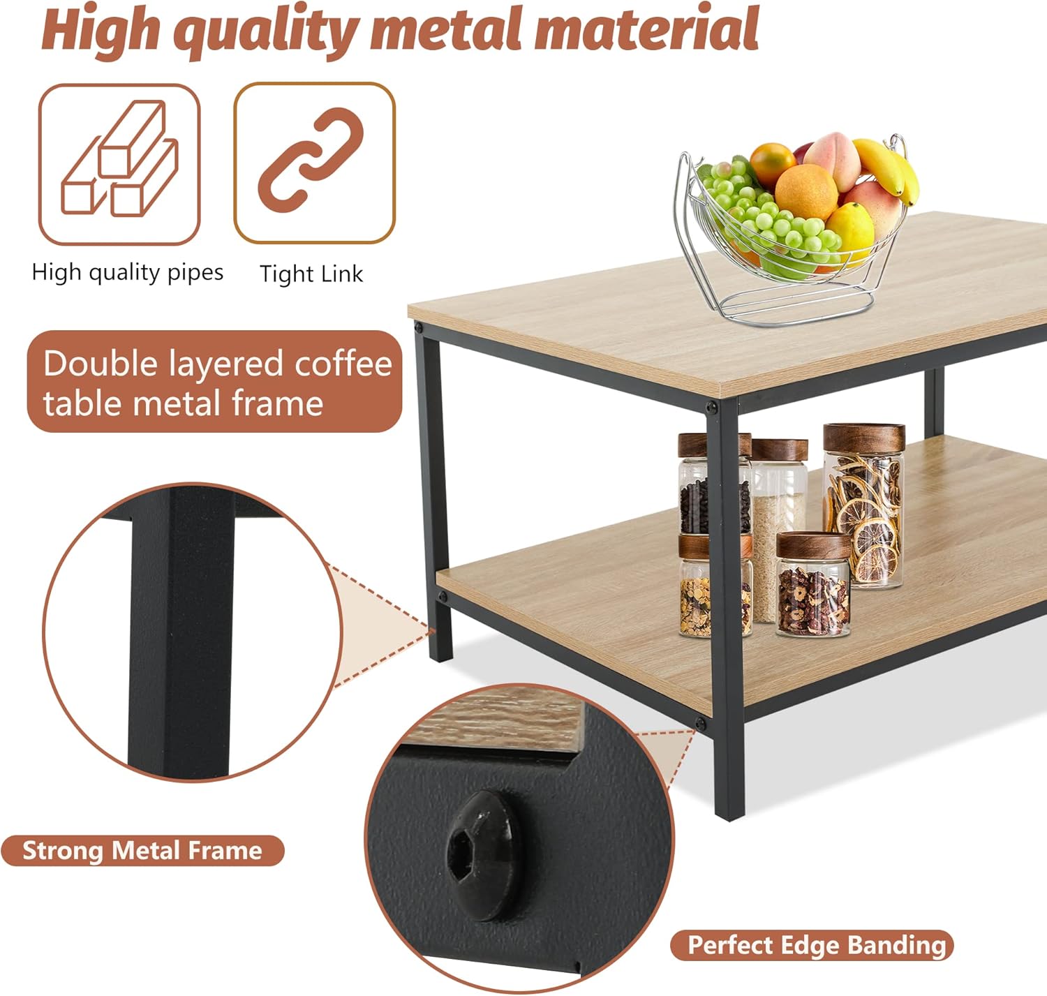 Skiennix 2-Tier Coffee Table - Metal Frame with Open Storage Shelf | Easy Assembly for Living Room