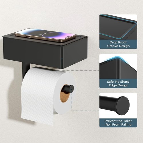 FORIOUS Toilet Paper Holder - Wall-Mounted Storage with Shelf & Tampon Receptacle | Matte Black
