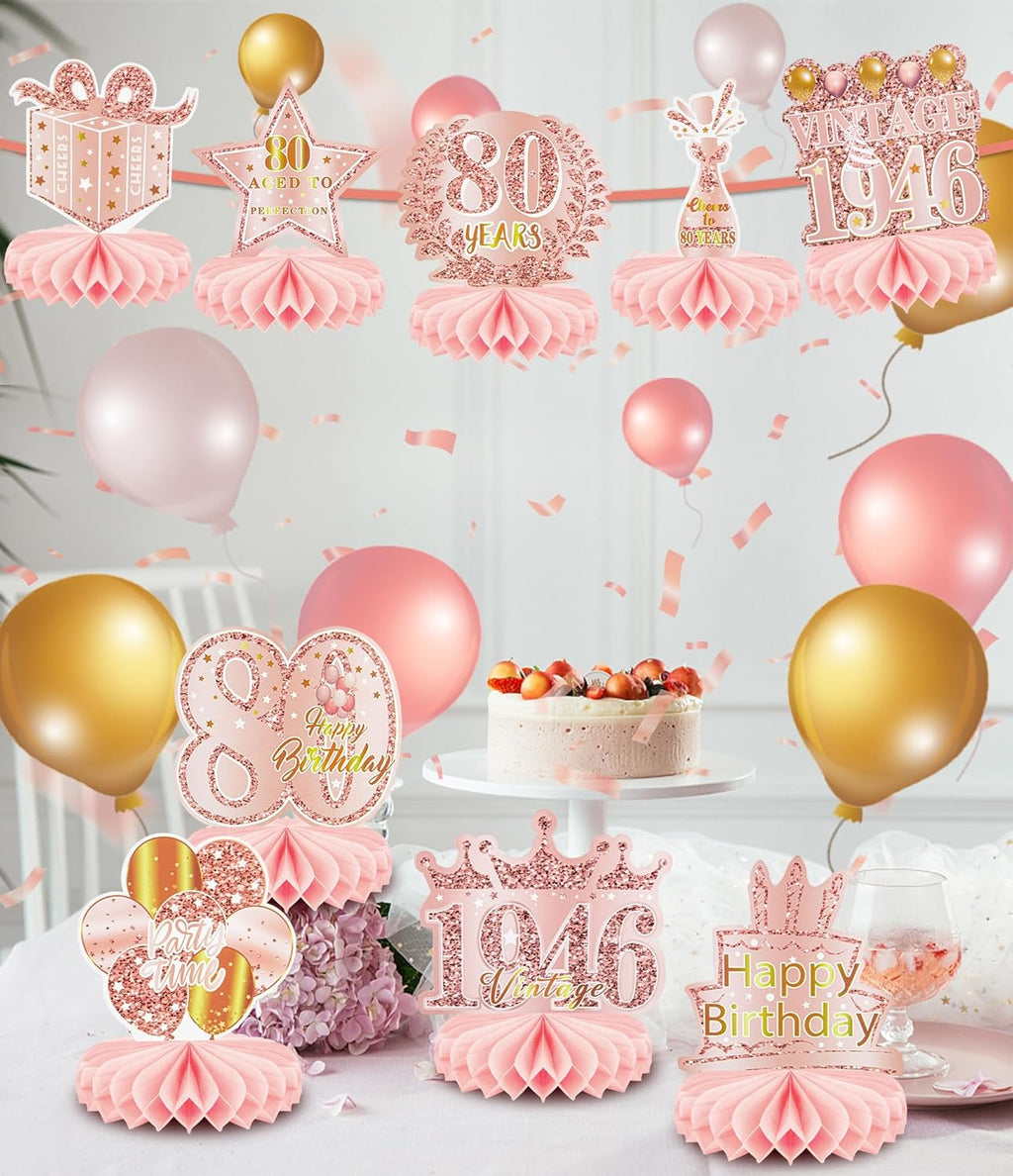 Regine Switzerland 80th Birthday Decorations - 9 Pcs Rose Gold Honeycomb Centerpieces | Cheers to 80 Years