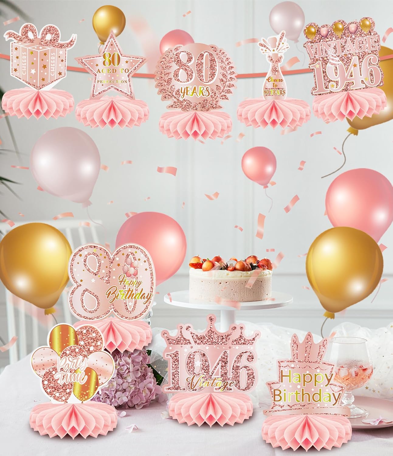 Regine Switzerland 80th Birthday Decorations - 9 Pcs Rose Gold Honeycomb Centerpieces | Cheers to 80 Years