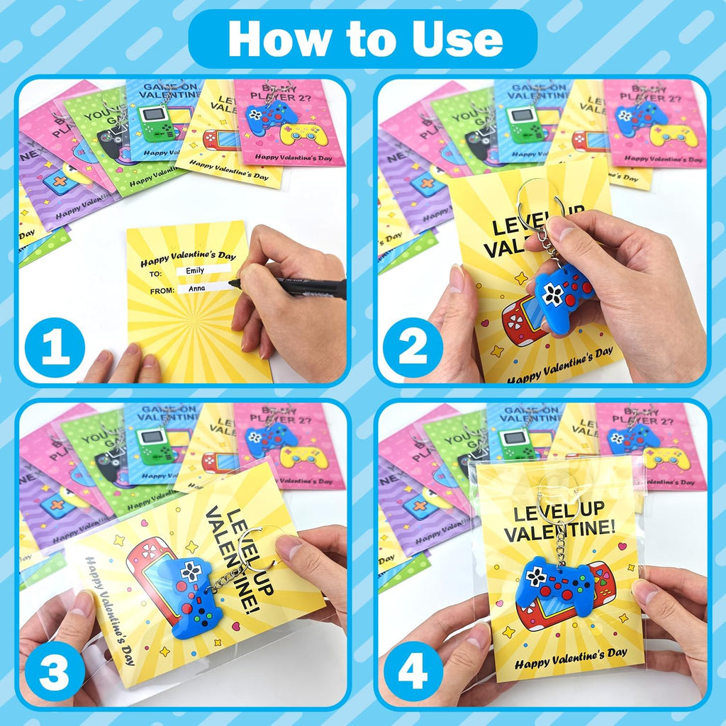 Skiennix Valentine's Non-Candy Gifts - 48 Pack Video Game Keychains & Exchange Cards for Kids