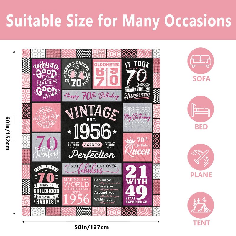 Stbyiz 70th Birthday Gifts for Women Blanket 60"x 50", Best Gifts for 70 Year Old Woman, 70 Year Old/1956 Birthday Gifts for Women, 70 th Bday Presents for Mom